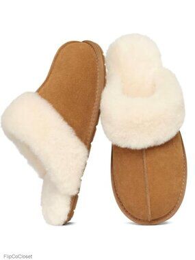 100% Genuine Suede Slippers Fuzzy Warm Scuff House Shoes